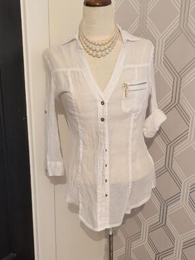 bebe White Semi-Sheer Button-Front Shirt with Zip Pocket